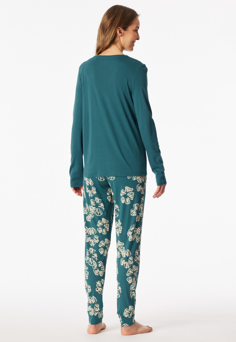 Schlafanzug lang Interlock Bündchen Blumen grün - Modern Nightwear