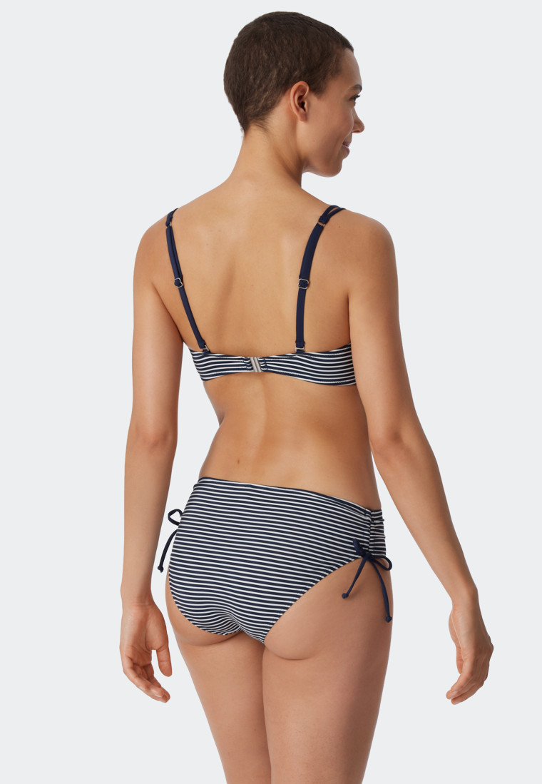 Bikini bandeau avec armatures bonnets souples bretelles variables rayures slip midi côtés réglables bleu foncé - Ocean Dive