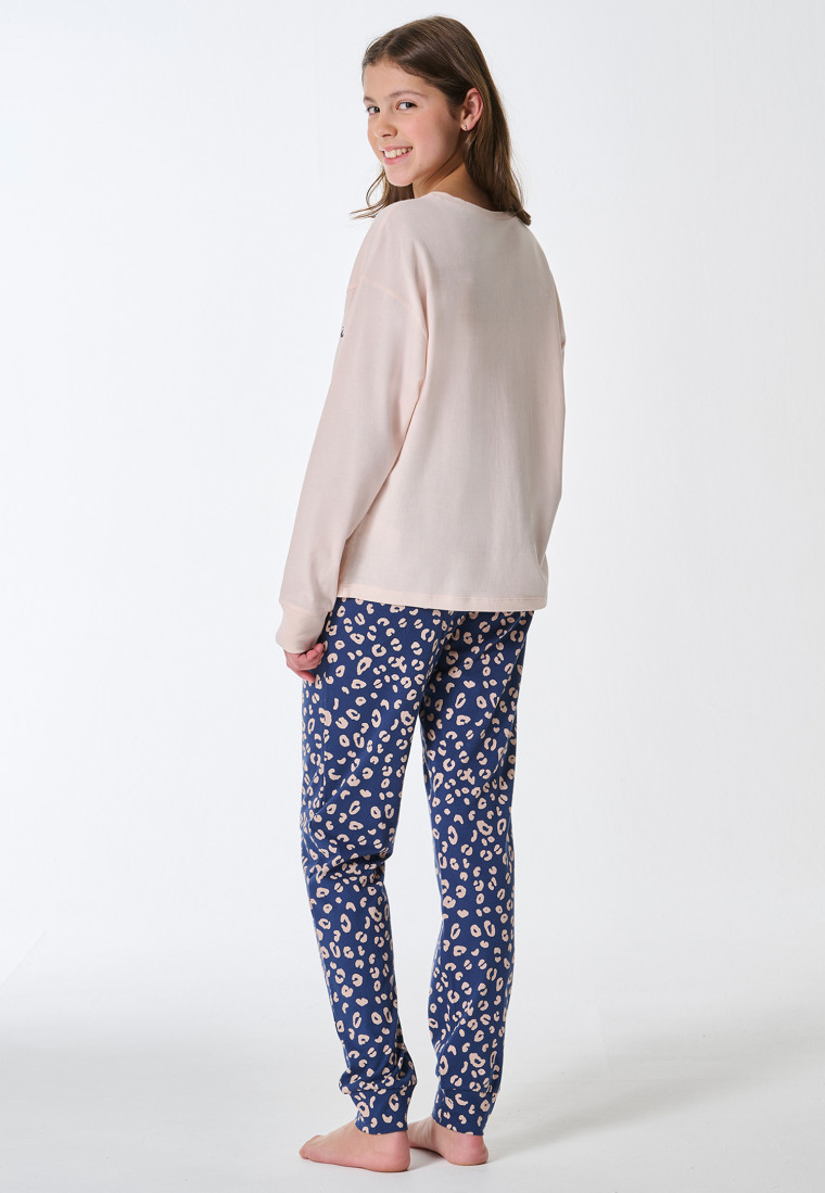 Schlafanzug lang Bündchen Katze Animal Print champagner - Teens Nightwear