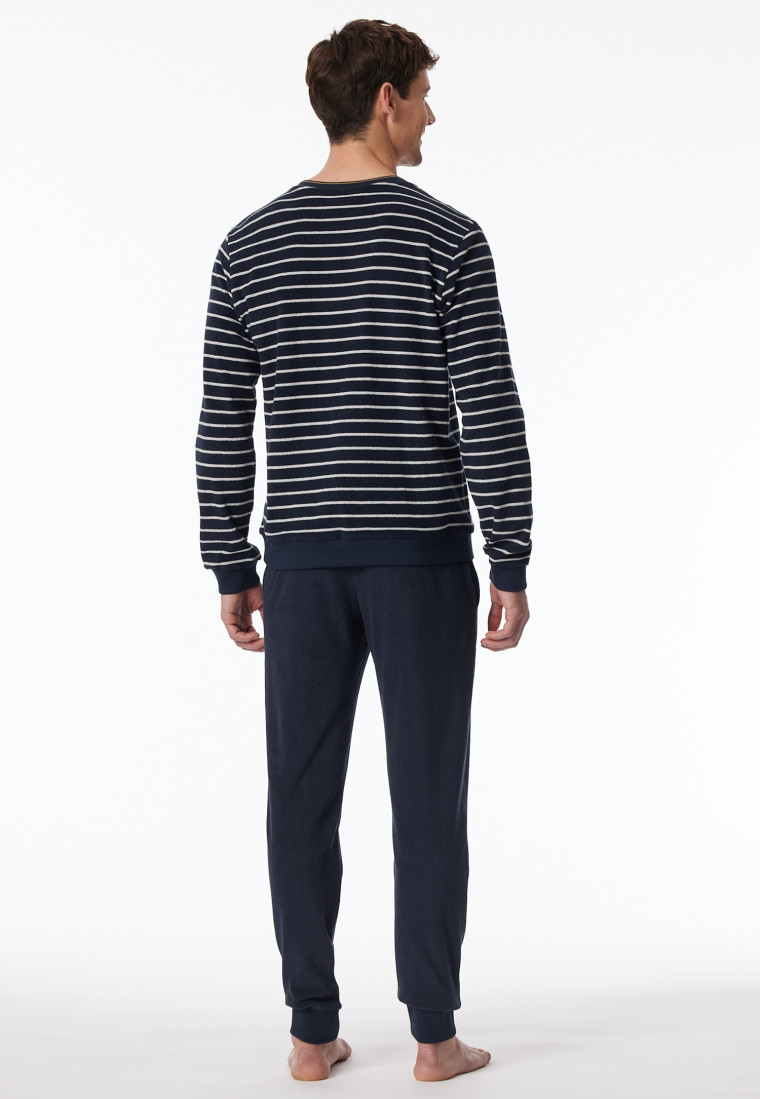 Pigiama lungo in spugna con polsini a strisce blu notte - Casual Nightwear