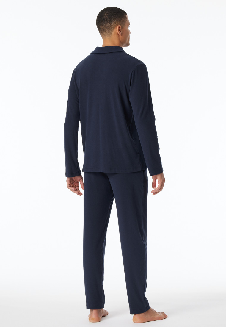 Pyjama long interlock col polo bleu nuit - Selected Premium Warming