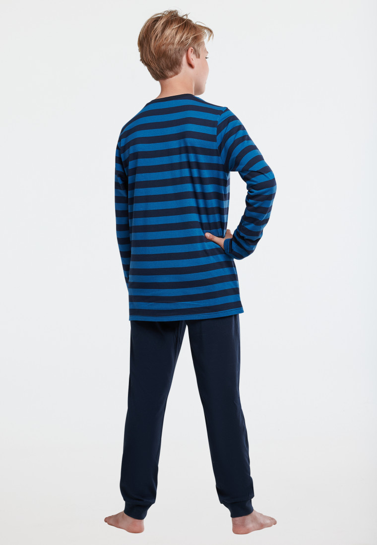 Pigiama lungo in cotone biologico di colore blu a righe con polsini e scritta "Break"- Nightwear