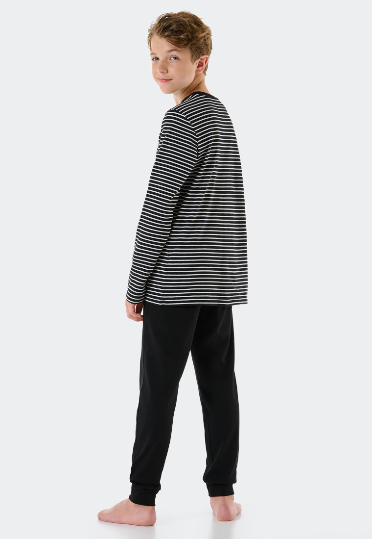 Pyjama long coton bio break rayures bords-côtes noir - Nightwear
