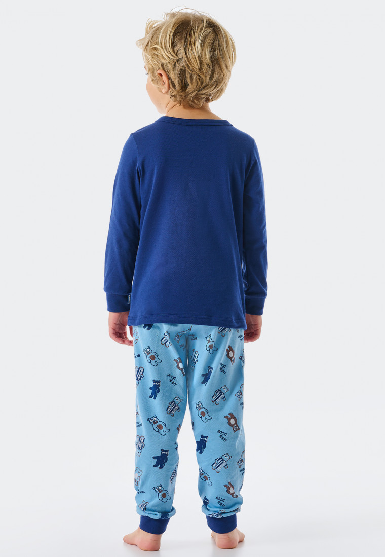 Pyjama long coton bio bords-côtes nounours inscription bleu - Natural Love