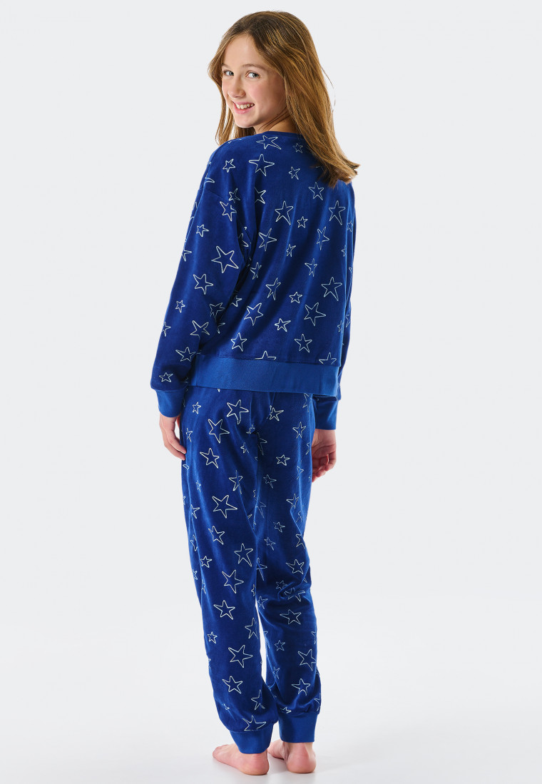 Pigiama lungo in velour con polsini e motivo di stelle, blu - Teens Nightwear