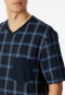 Camicia da notte a manica corta in cotone organico con scollo a V e taschino sul petto blu notte a scacchi - Comfort Nightwear