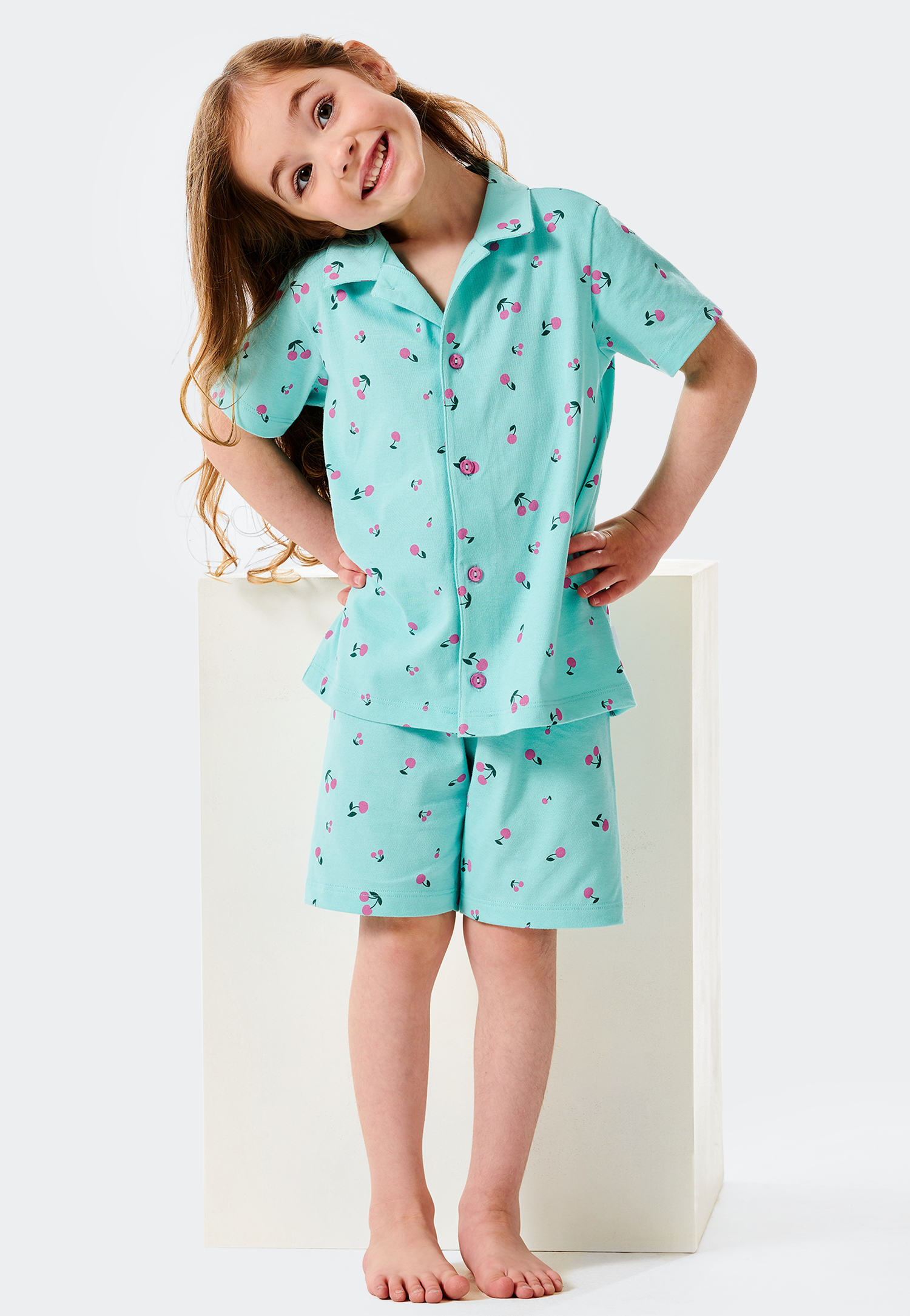Image of Pyjama kurz Knopfleiste Organic Cotton Kirschen türkis - Cat Zoe 104