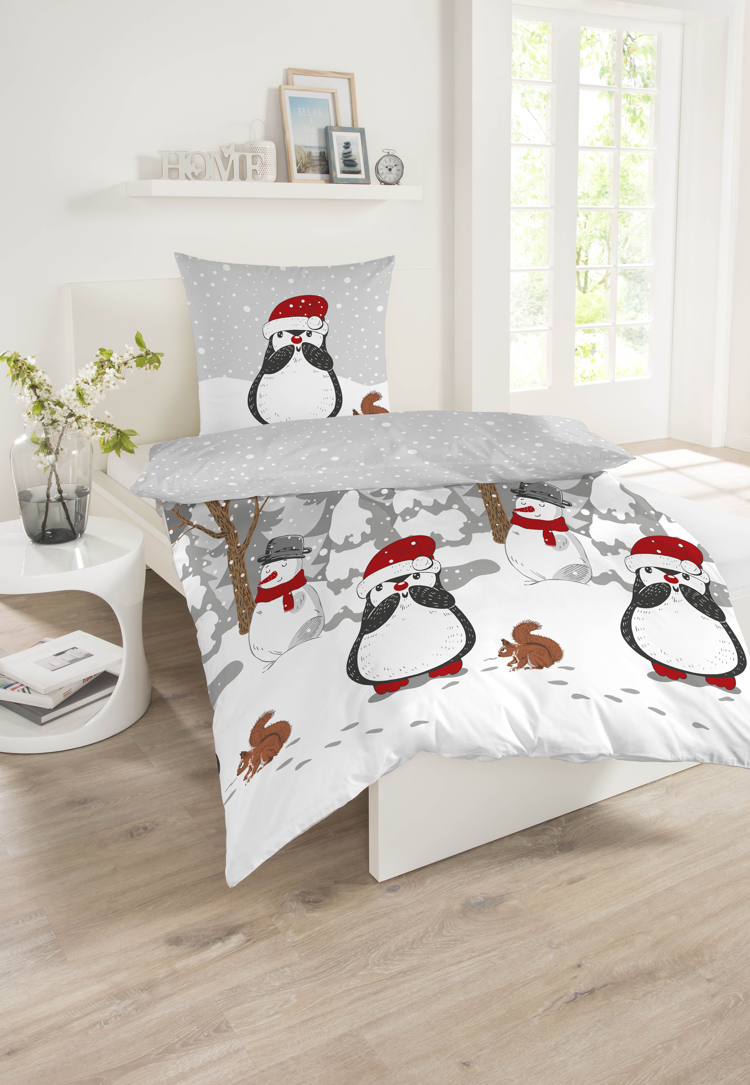 Image of Bettwäsche 2-teilig Feinbiber Pinguine Eichhörnchen mehrfarbig - SCHIESSER Home 160*210