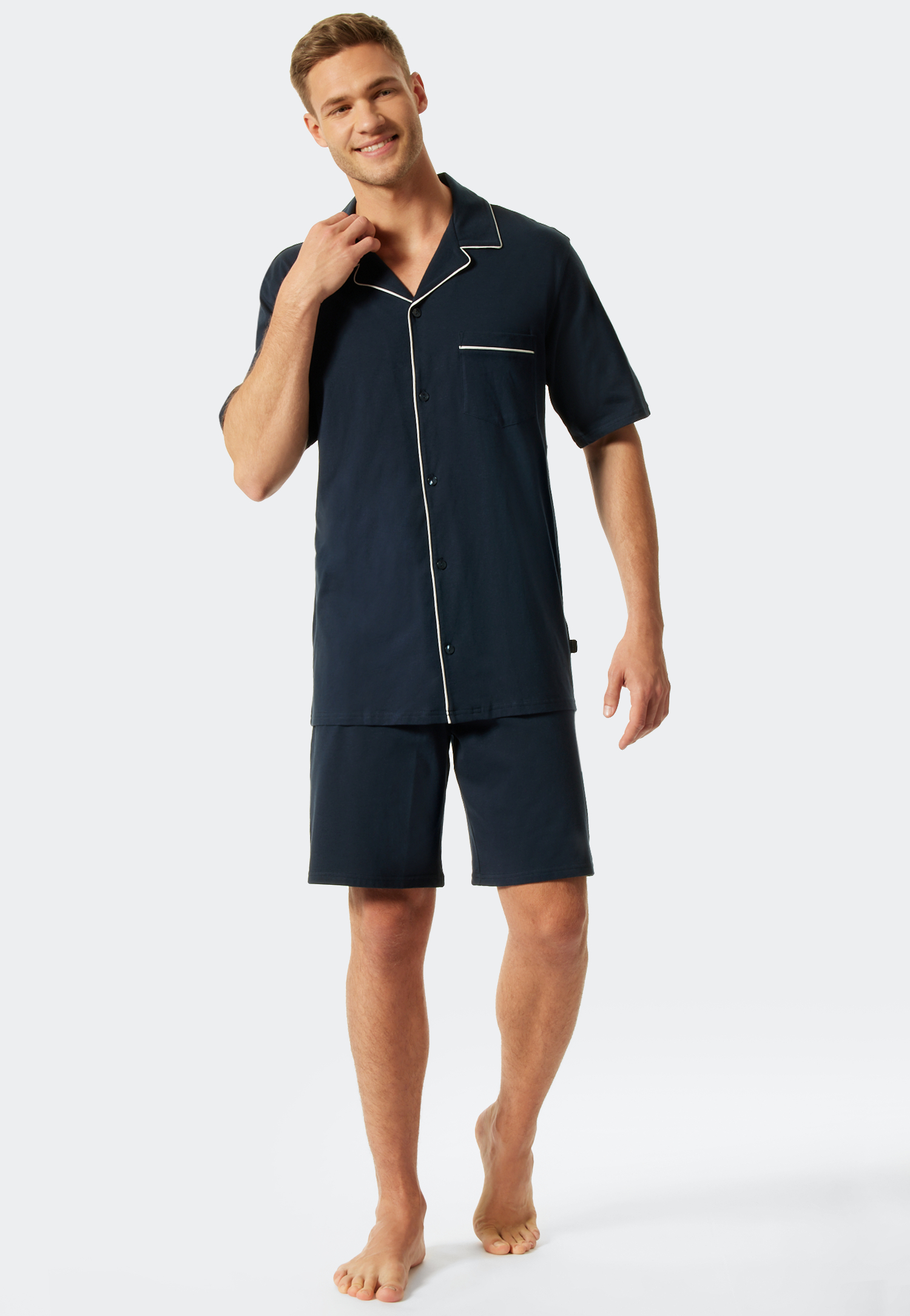 Image of Pyjama kurz Feininterlock Paspeln dunkelblau - Fine Interlock 50